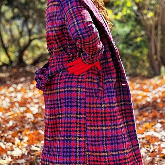 Long Lined Plaid Winter Coat - Houndstooth Thick Outerwear with Pockets - Picture 3 of 5
